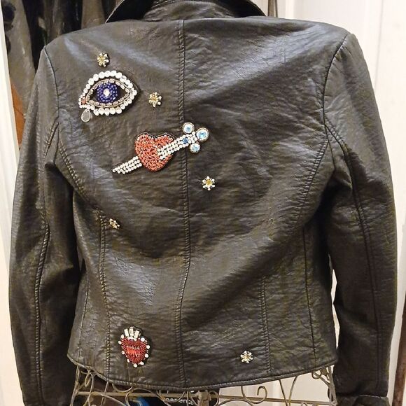 Aqua Black Leather Biker Jacket with Asymmetrical Zipper - Picture 3 of 9